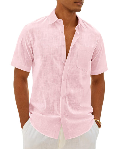 HOTMens Linen Textured Shirt Cotton Short Sleeve Summer Button Down Shirts | 100% Cotton, Linen-look Texture, Casual Wear, Breathable Feel, Lightweight, Untucked, Regular Fit, Beach, Vacation, Resort