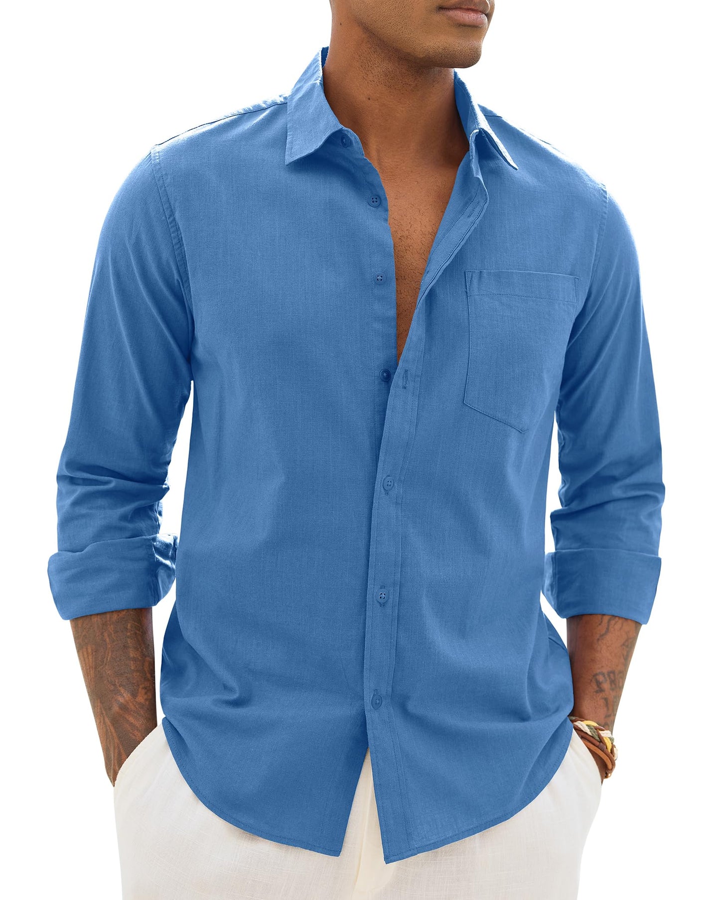HOTAlimens & Gentle Mens Cotton Linen Textured Shirt Long Sleeve Button Down Shirts Casual Summer Beach Wedding Tops with Pocket