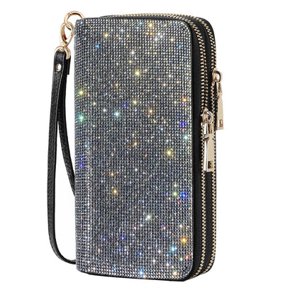 HOTWomen's Rhinestone Large Capacity Double Zipper Wristlet Clutch Purse Party Wallet Card Phone Holder