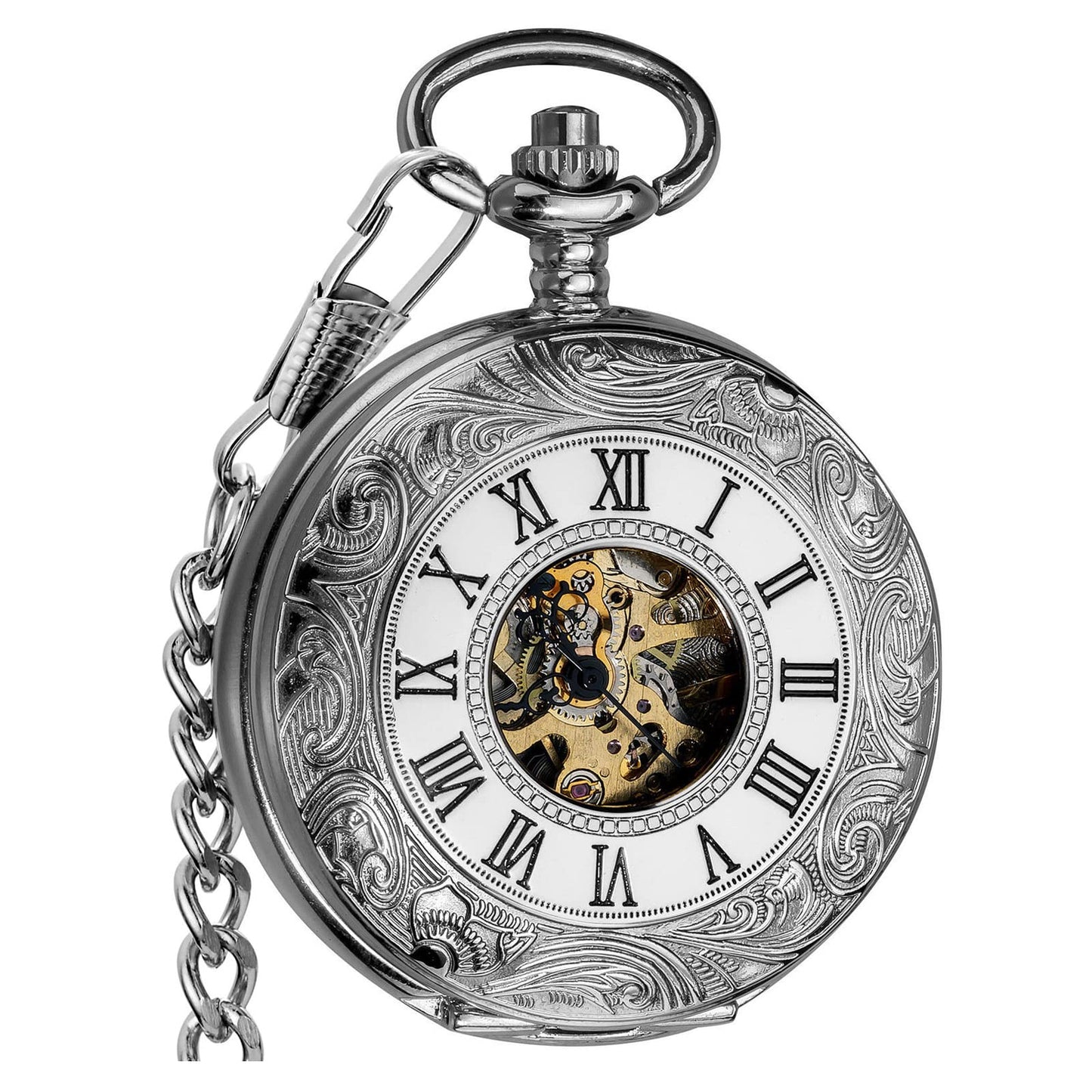 HOTVIGOROSO Mechanical Pocket Watches for Men Skeleton Pocket Watch with Chain | Vintage gold men's pocket watch,Hand wind up mechanical,Roman No. analog pocketwatch,Reloj de bolsillo para hombre,Gift ideal
