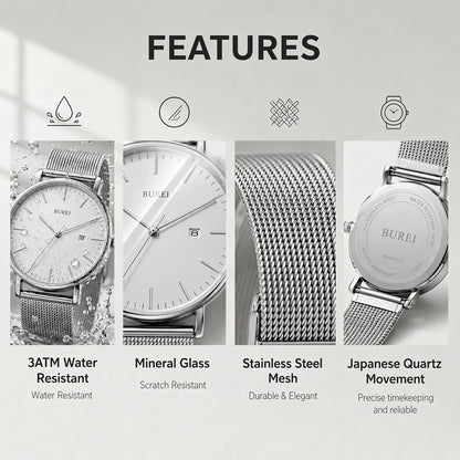 HOTBUREI Men Wrist Watches Fashion Minimalist Thin Analog Quartz Waterproof Watches for Men, Refined Gifts for Men, Boyfriend, Husband, Dad