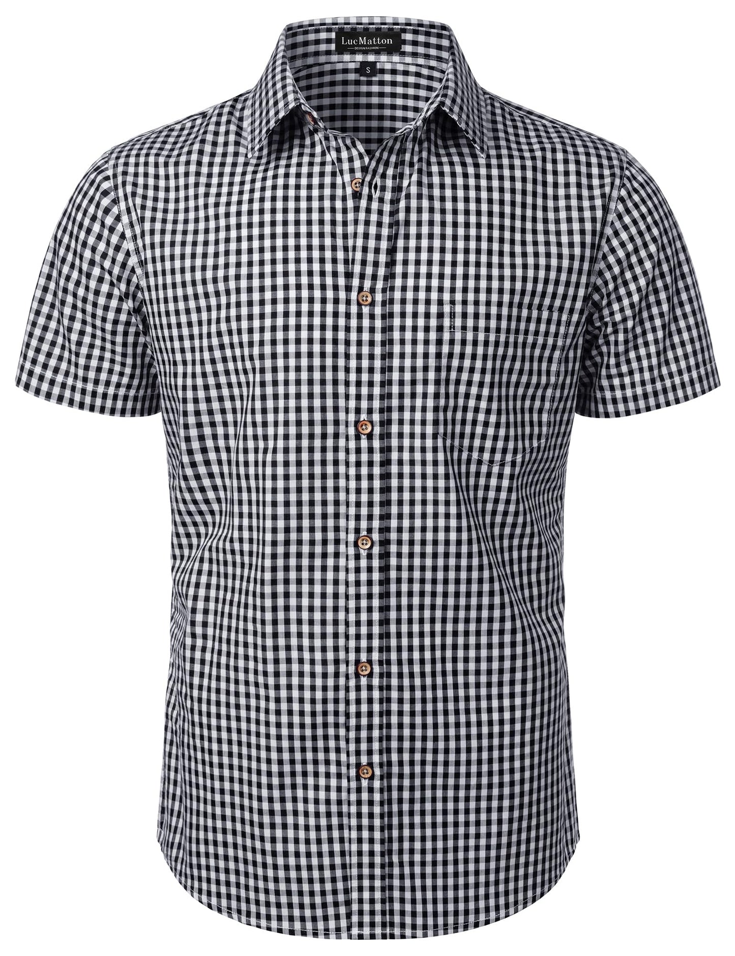 HOTLucMatton Men's Gingham Short Sleeve Button Down Shirt Cotton Regular Fit Plaid Dress Shirts with Pocket