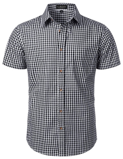 HOTLucMatton Men's Gingham Short Sleeve Button Down Shirt Cotton Regular Fit Plaid Dress Shirts with Pocket