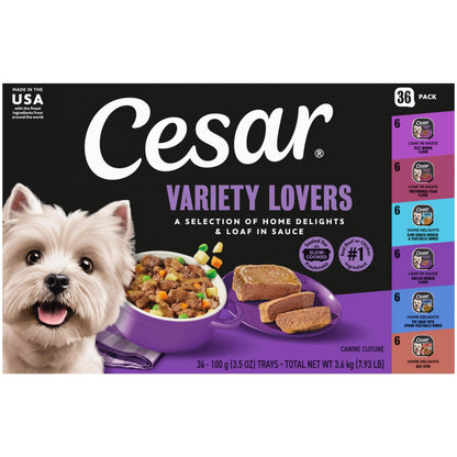HOTCesar Wet Dog Food, Steak Lovers Variety Pack, 3.5 oz, 36 Count | Real meat #1 ingredient, easy peel trays, 100% complete & balanced, no fillers, no added sugar, no artificial flavors