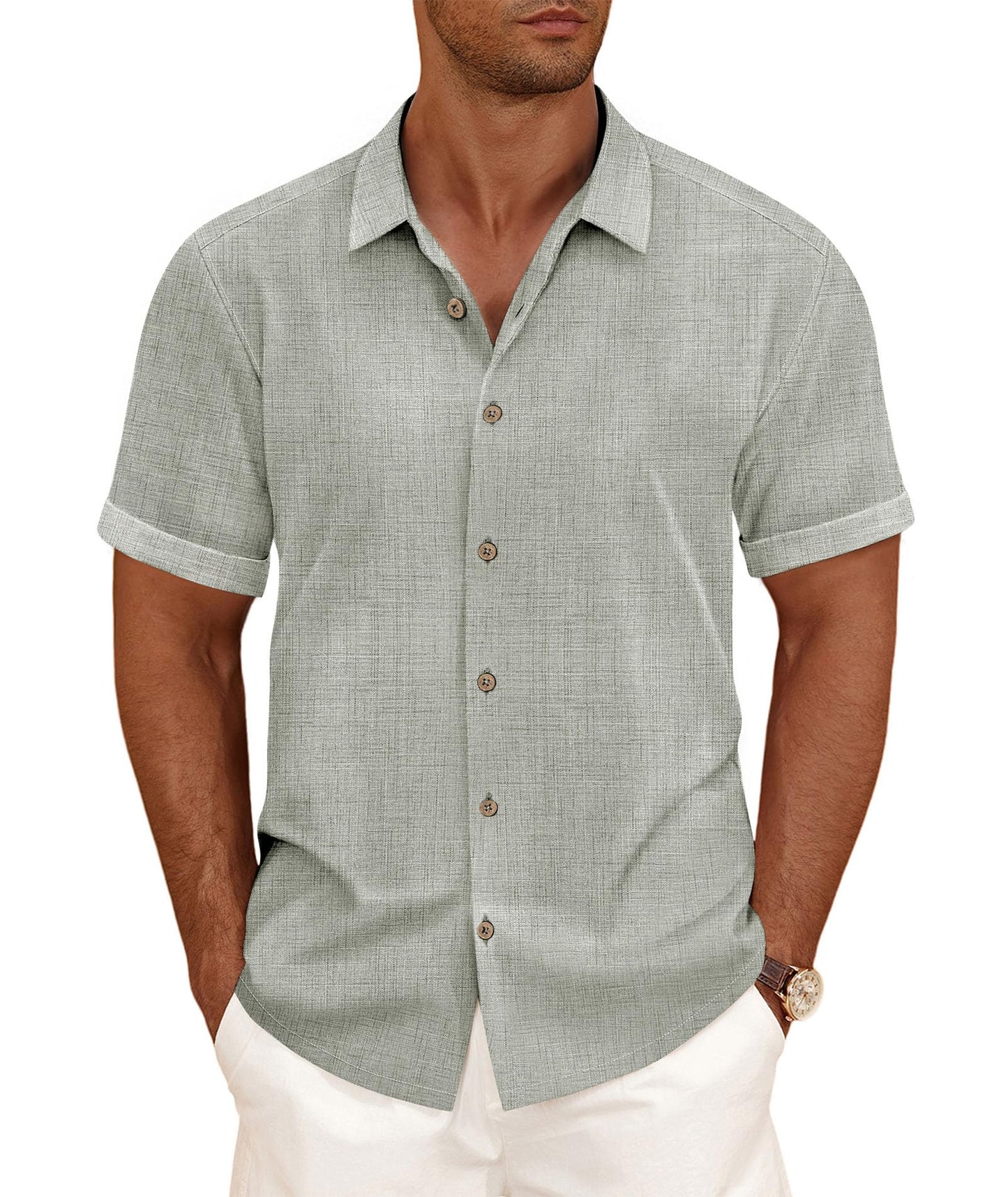 HOTCURBODO Linen Blend Shirts for Men Casual Short Sleeve Button Down Shirt Cool Summer Beach Wedding Vacation Tops