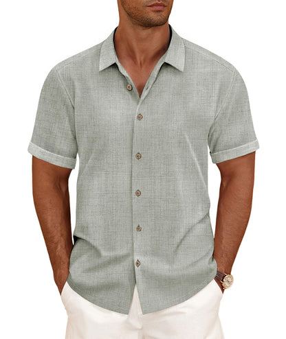 HOTCURBODO Linen Blend Shirts for Men Casual Short Sleeve Button Down Shirt Cool Summer Beach Wedding Vacation Tops