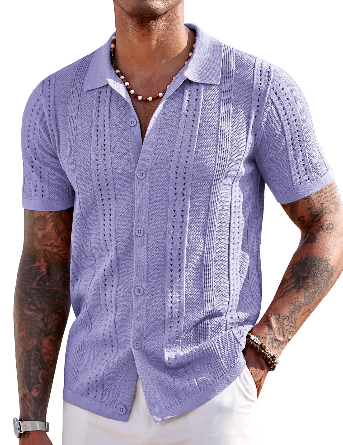 HOTCOOFANDY Men's Knit Shirts Short Sleeve Button Down Polo Shirt Fashion Casual Summer Beach Shirts