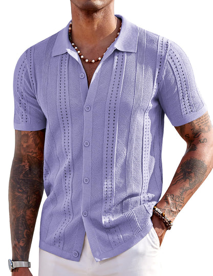 HOTCOOFANDY Men's Knit Shirts Short Sleeve Button Down Polo Shirt Fashion Casual Summer Beach Shirts