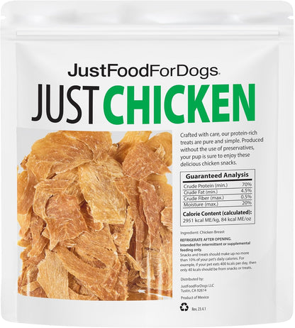 HOTJust Food for Dogs Single Ingredient Healthy Dog Treats and Dog Snacks, Jerky Treats, Human Grade, Preservative and Grain Free, Rawhide Free Chews, Low Calorie Treat - Chicken Breast, 5 oz