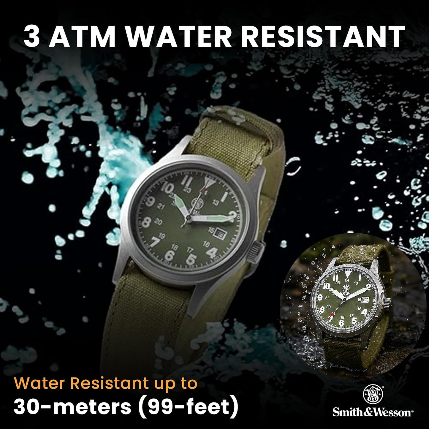 HOTSmith & Wesson Men's Military Watch, 3 Interchangeable Canvas Straps, 3 ATM Water Resistant, Date Display, Scratch Resistant Glass, Military Style Watch for Outdoor Activities, Swimming, 40mm