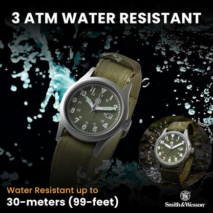 HOTSmith & Wesson Men's Military Watch, 3 Interchangeable Canvas Straps, 3 ATM Water Resistant, Date Display, Scratch Resistant Glass, Military Style Watch for Outdoor Activities, Swimming, 40mm