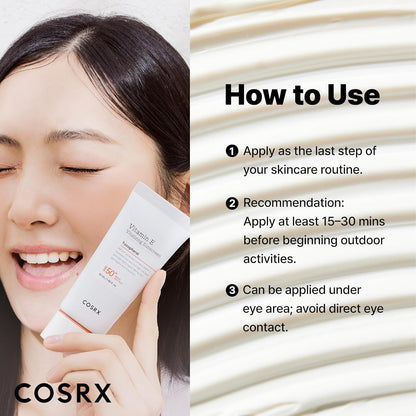 HOTCOSRX Vitamin E Sunscreen for Oily Skin SPF 50, Natural Glow Face Sunscreen, Lightweight, Non-Sticky, No White Cast, Hydrating, Beach Essentials, Summer Travel Essentials, Korean Skincare,1.69 fl oz