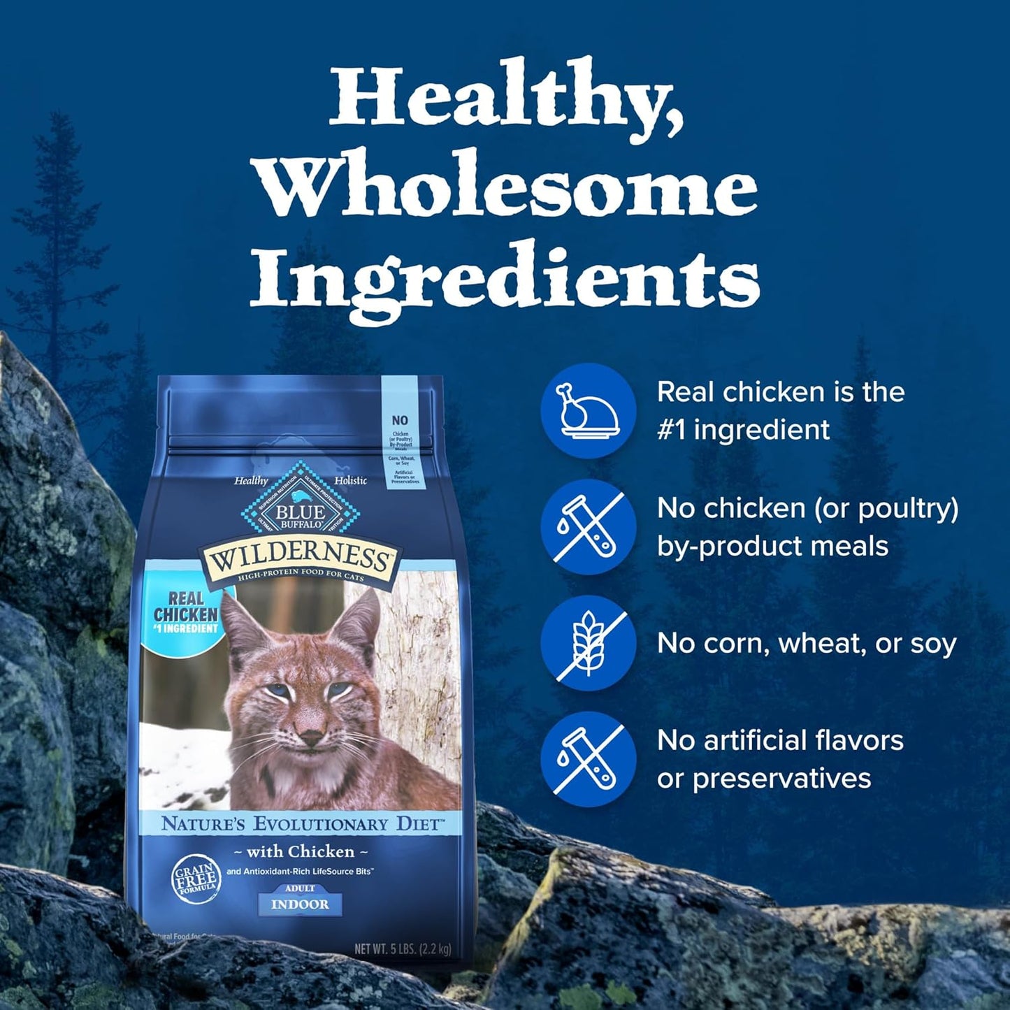 HOTBlue Buffalo Wilderness Chicken Natural High-Protein Grain-Free Dry Food for Adult Indoor Cats, Real Chicken First, Antioxidant-Rich LifeSource Bits Support Immunity, Promotes Strong Muscles, 5 lbs.