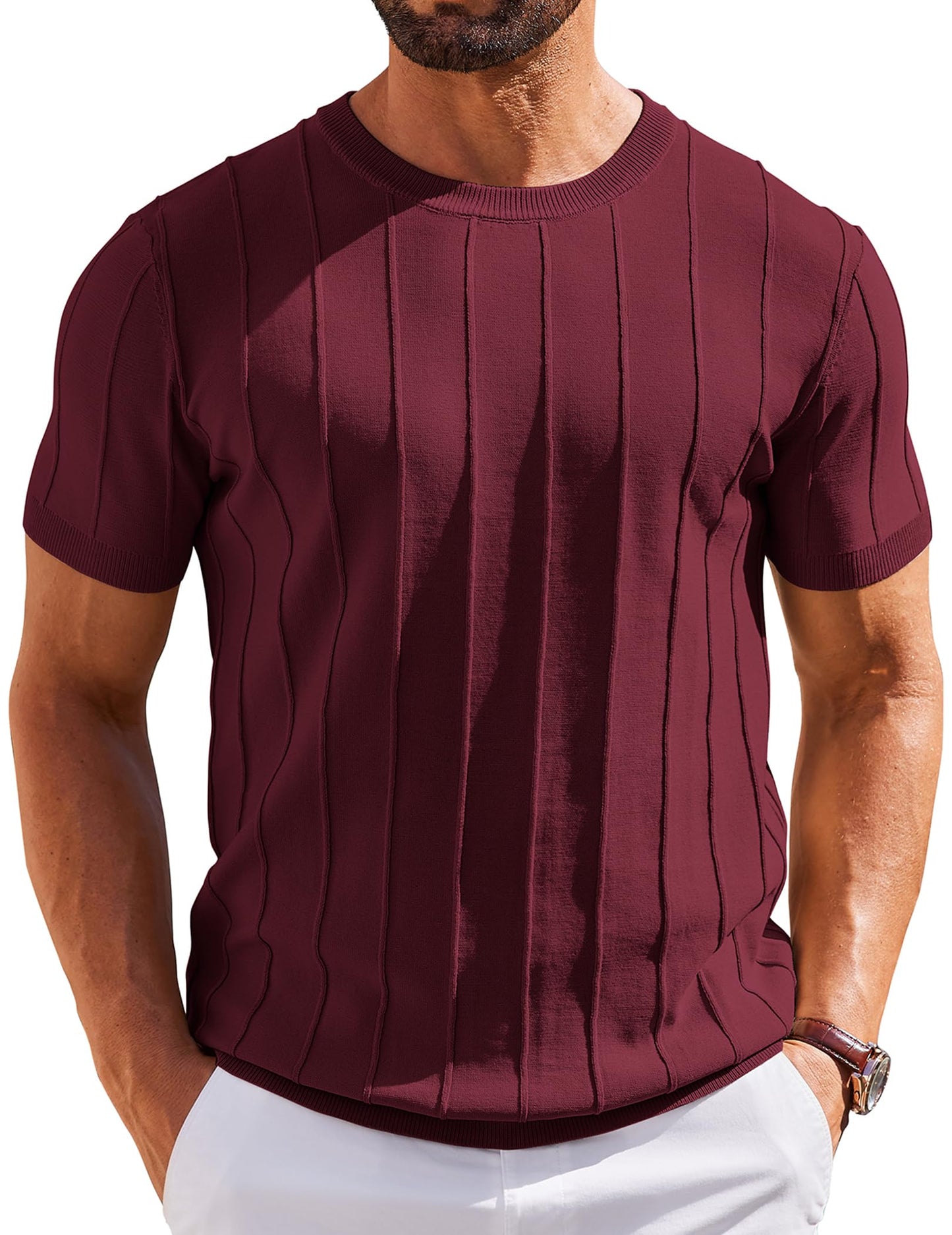 HOTCOOFANDY Men's T- Shirts Short Sleeve Knit Sweater Shirt Casual Crewneck Ribbed Pullover Tees