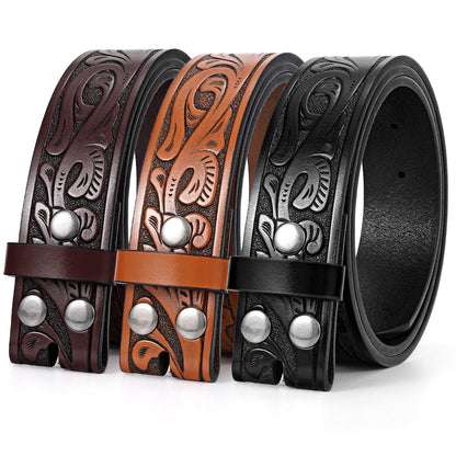 HOTSANSTHS 3 Pack Western Belts for Men Woman without Buckle, Cowgirl Cowboy Belt for Buckle Western Leather Belt for Jeans | Embossed Genuine Leather, 1.5" Wide Belt, 3 Snap Buttons, Classic Cowboy Style, for Western buckle Rodeos Costume Party Gifts