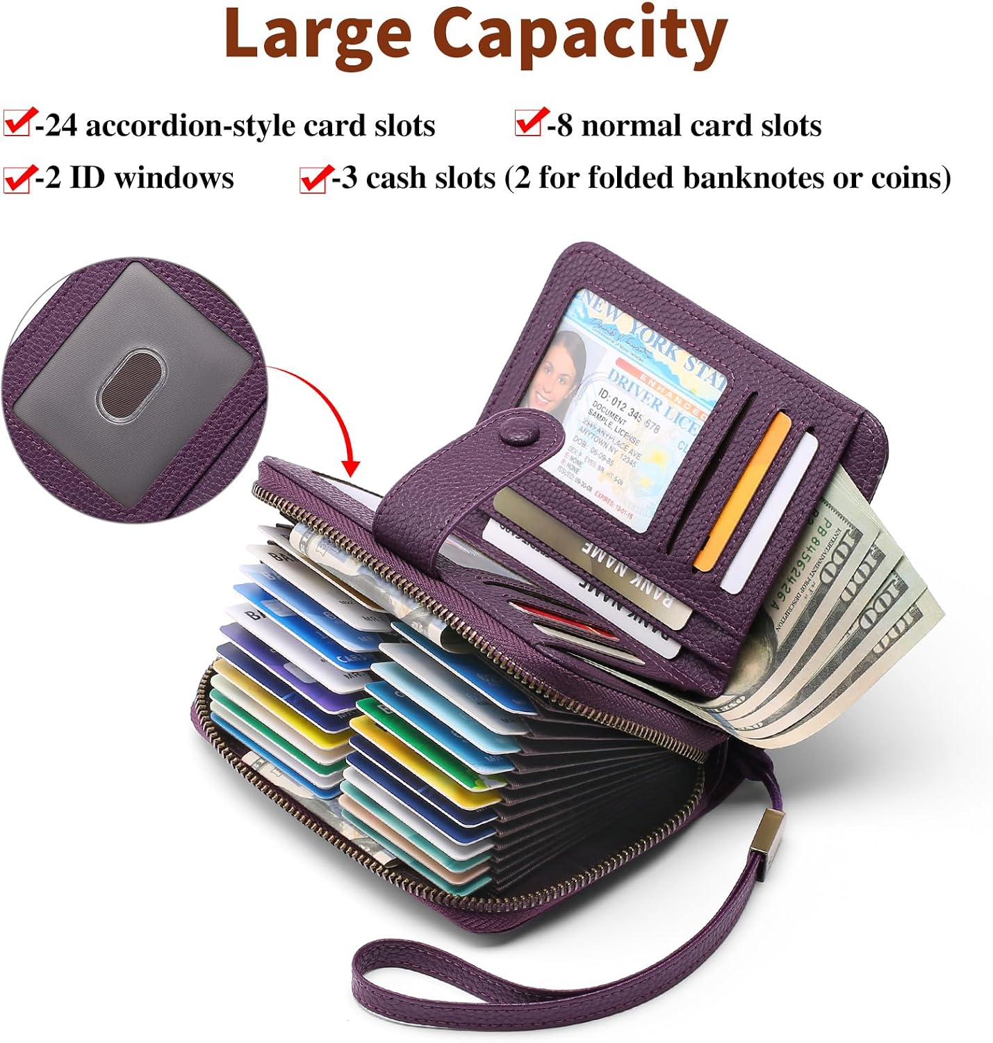 HOTGAEKEAO Leather Credit Card Holder Wallet for Women RFID Blocking Large Capacity Bifold Zipper Card Case Organizer with Wristlet 32 Slots