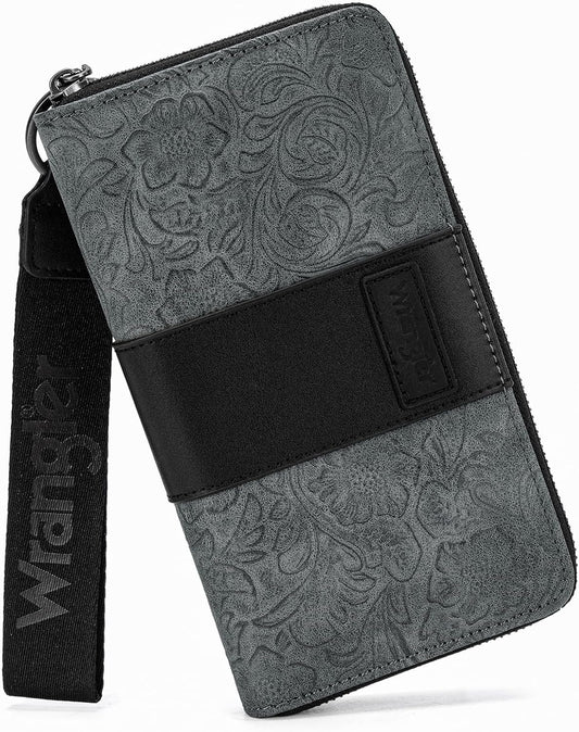 HOTMontana West Wrangler Black Wallet for Women Tooled Floral Zip Around Clutch Wallet RFID Blocking Keychain Credit Card Holder