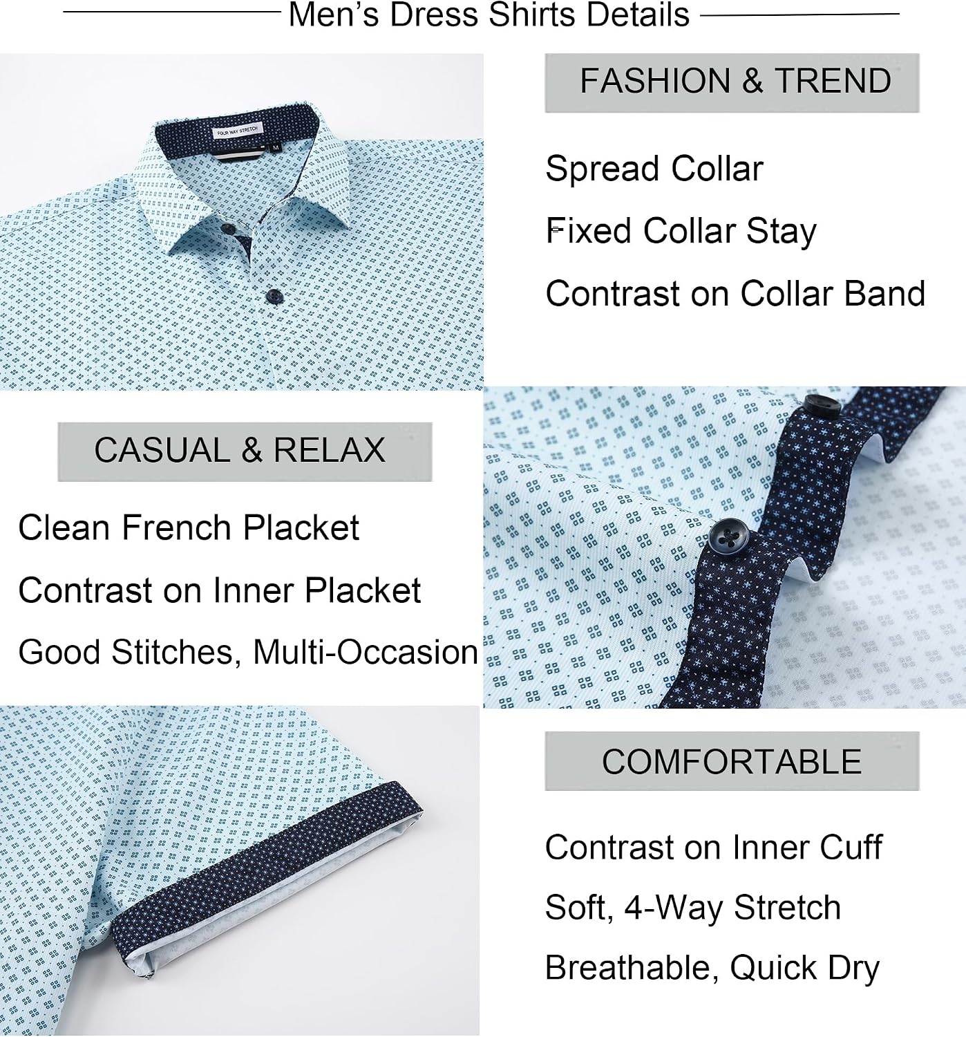 HOTAlex Vando Mens Printed Dress Shirts Easy Care Button Down Shirt | Four-way flexible weave, Inner collar & cuff contrast, Anti-wrinkle texture, Lightweight, Great present for male relatives