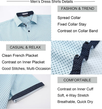 HOTAlex Vando Mens Printed Dress Shirts Easy Care Button Down Shirt | Four-way flexible weave, Inner collar & cuff contrast, Anti-wrinkle texture, Lightweight, Great present for male relatives