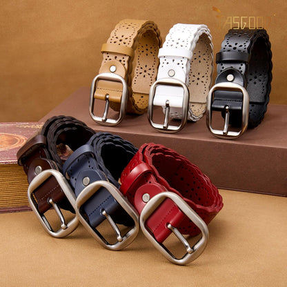 HOTJASGOOD Women's Hollow Flower Genuine Leather Belt for Jeans Pants Wide Belt for Ladies