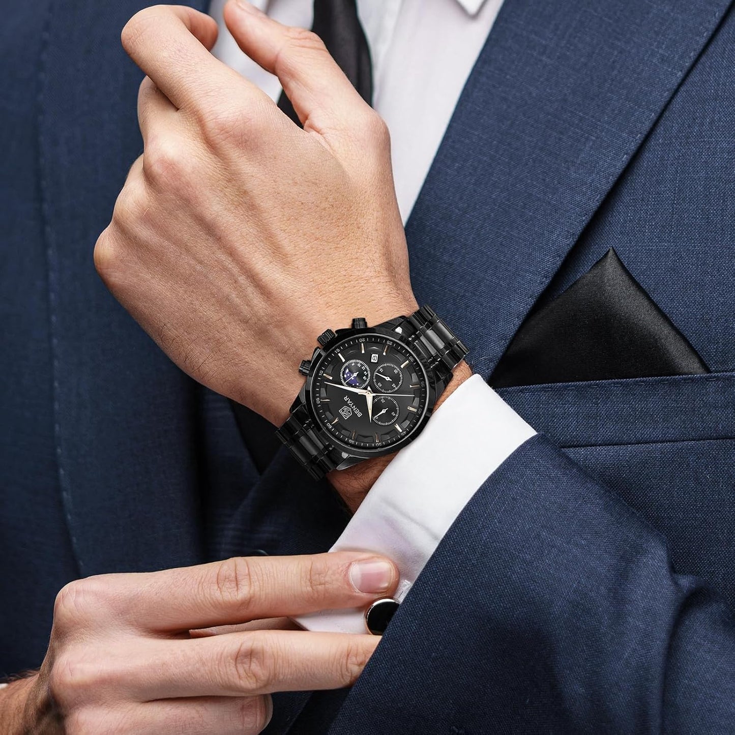 HOTBENYAR Mens Watches Analog Quartz Chronograph Waterproof Wrist Watches for Men Fashion Business Work Casual Sport Designer Dress Watch with Calendar Elegant Gifts for Men
