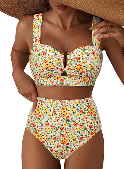 HOTHerseas Women's 2 Piece U Wire Cutout Bikini Sets Floral Print High Waisted Swimsuit 2026 Summer Beach Swim Bathing Suit