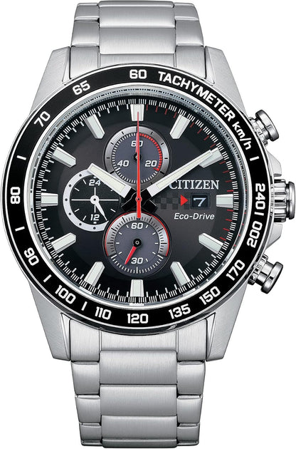 HOTCitizen Men's Sport Casual Brycen Eco-Drive Chronograph Stainless Steel Watch, 12/24 Hour Time, Date, Tachymeter, 100 Meters Water Resistant, Spherical Mineral Crystal, Weekender