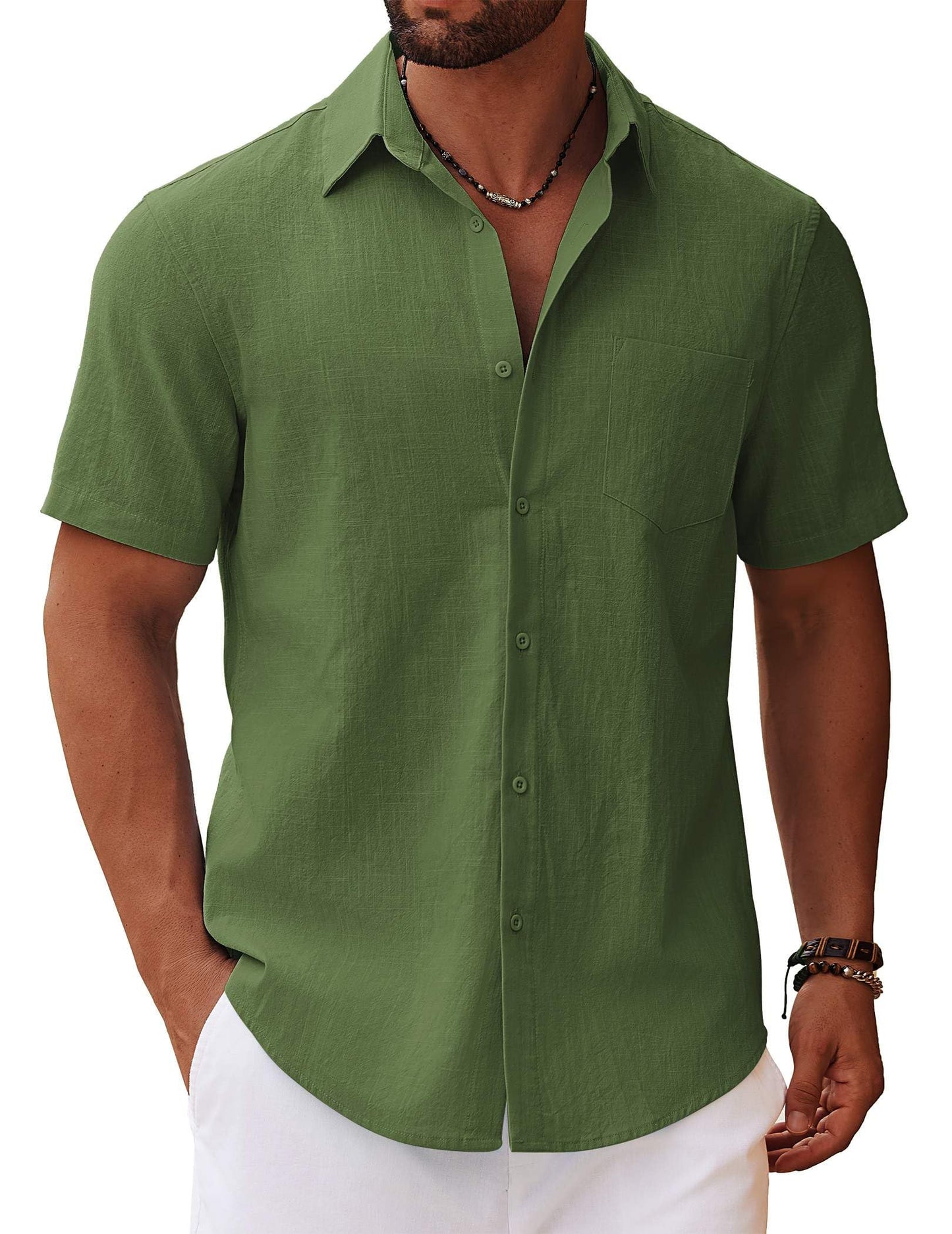 HOTCOOFANDY Men's Button Down Short Sleeve Shirt Casual Cotton Summer Beach Linen Wedding Shirts with Pocket