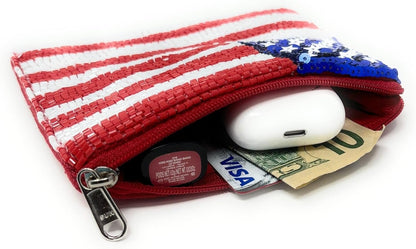 HOTTwine and Love USA Flag Beaded Pouch Purse, Blue Red White Small Wallet, Zipper Closure