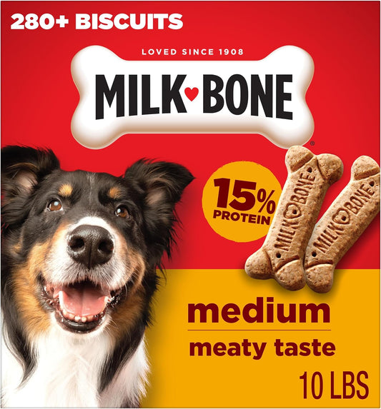 HOTMilk-Bone Original Medium Dog Biscuits, 10 lb Box | 280+ treats, classic meaty taste, crunchy dog treats for dogs 20-50lbs, 15% protein, 12 vitamins & minerals, made in the USA