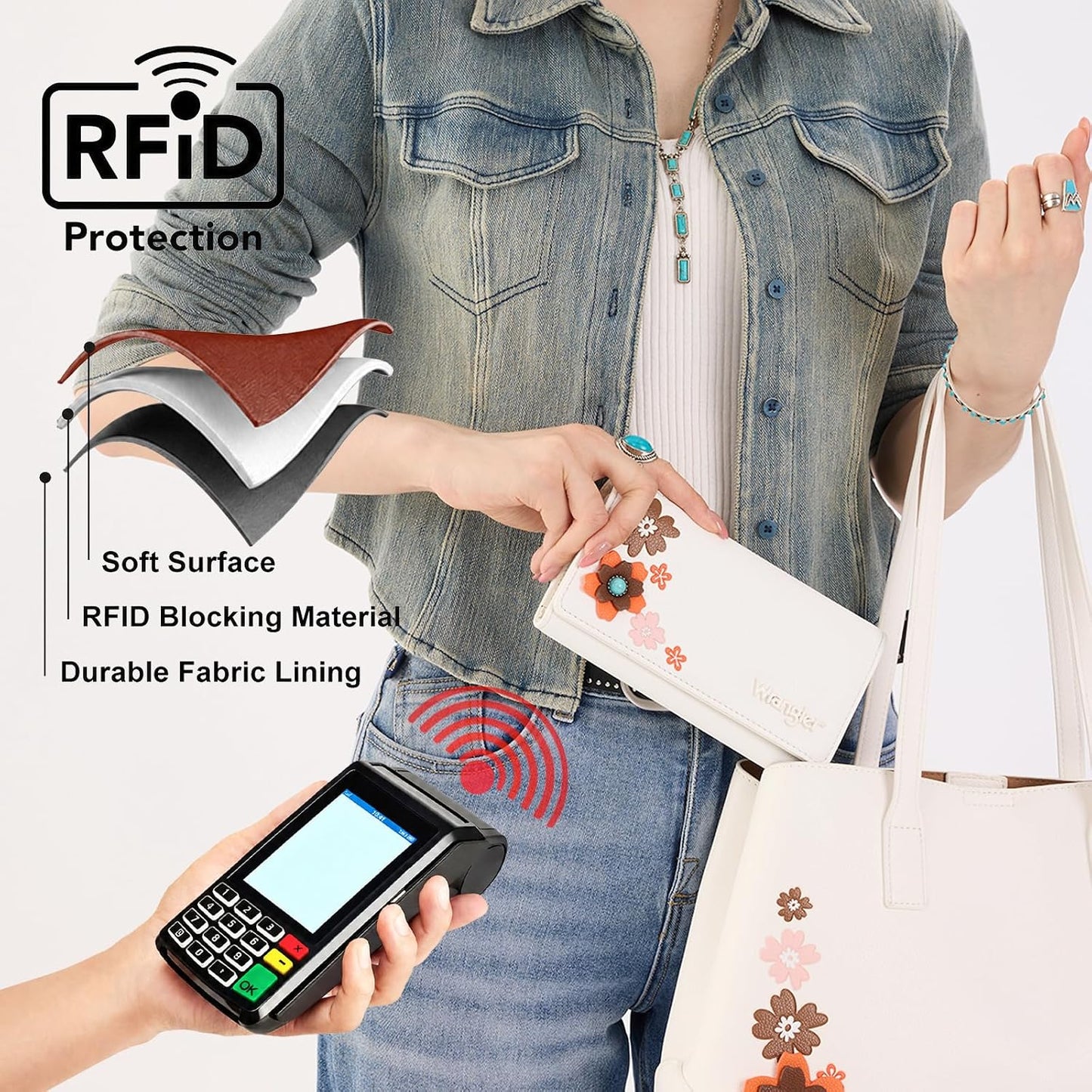 HOTX Wrangler Women's Wallet RFID Blocking Large Floral Trifold Wallets | Large Capacity, Floral Print, Multi Card Slots, ID Window, Money organizer & Coin pocket, Ideal Gift Choice for All Holidays