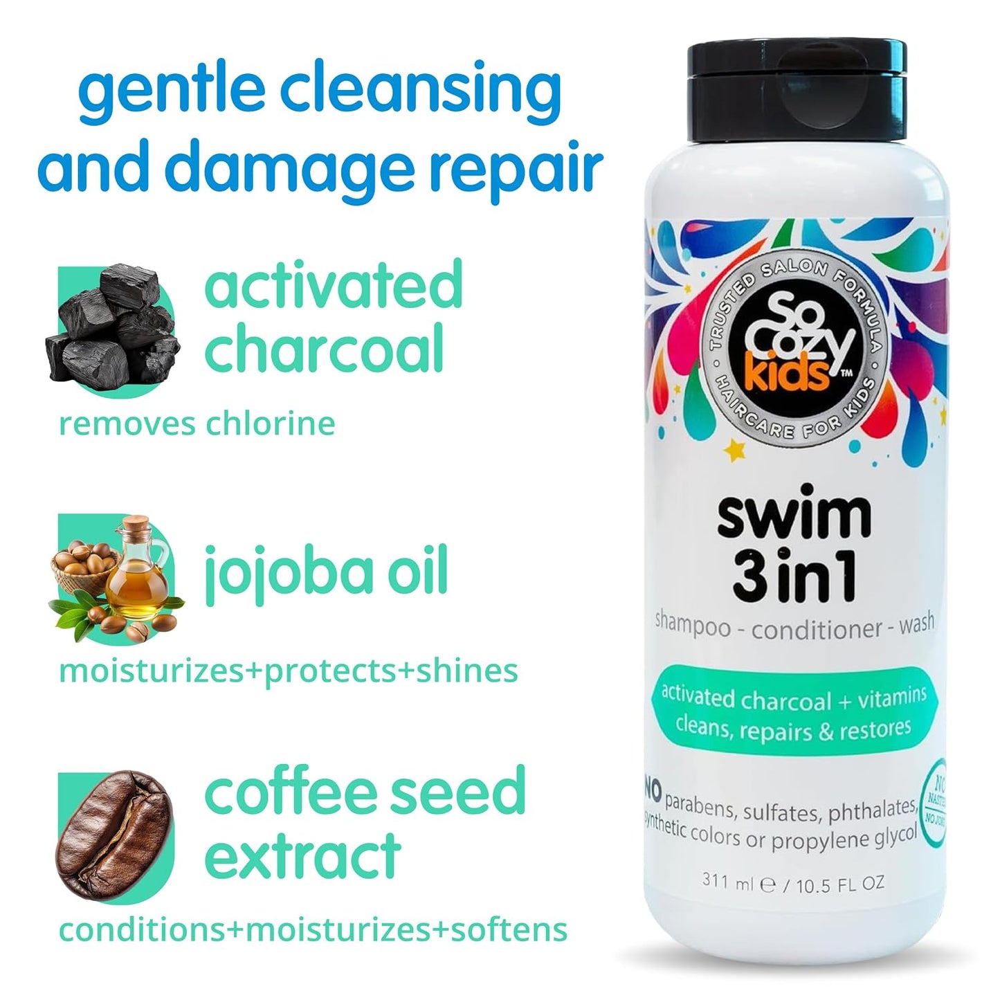 HOTSoCozy Kids Swim 3-in-1 Shampoo, Conditioner & Body Wash - 3-in-1 Combo Pool Shampoo & Conditioner for Swimmers - Salt & Chlorine Removing Activated Charcoal