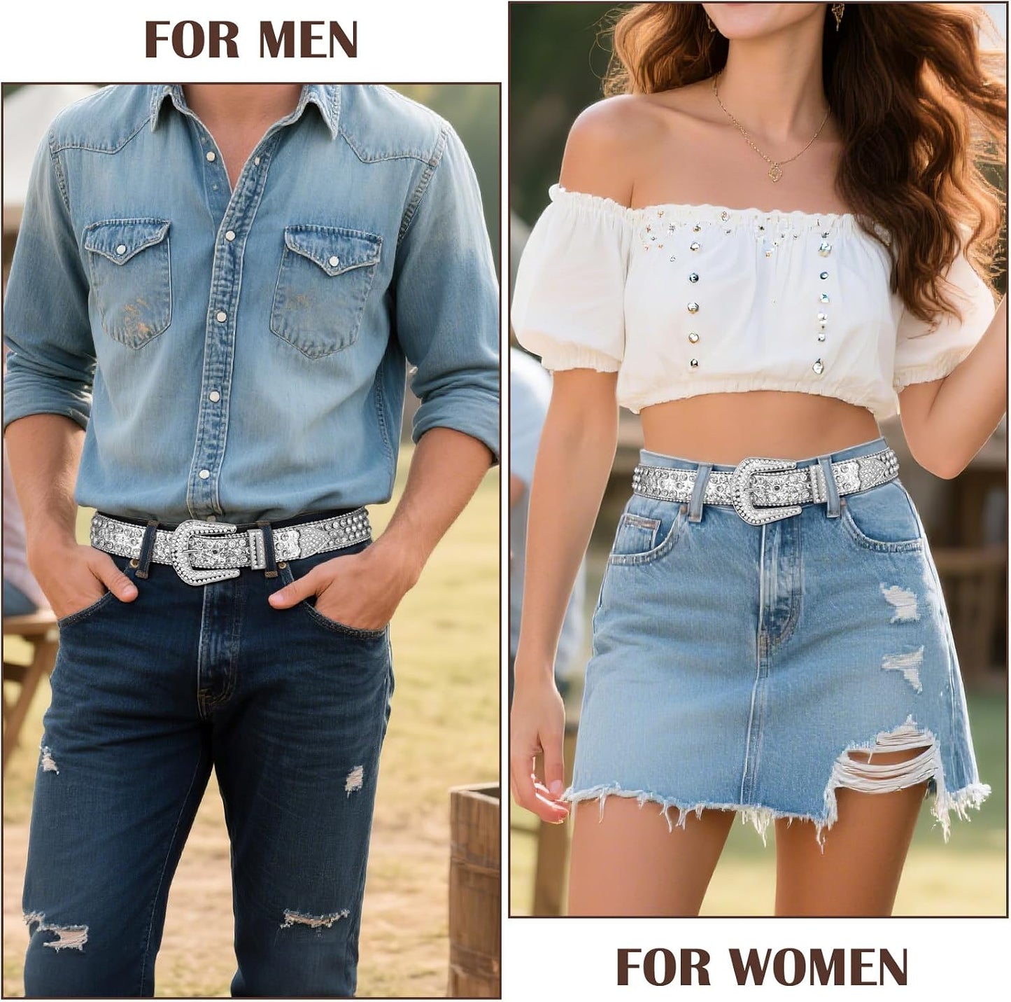HOTXZQTIVE Cowgirl Bling Studded Leather Belts for Jeans Pants with Rhinestone and Western Silver Buckle, Unisex