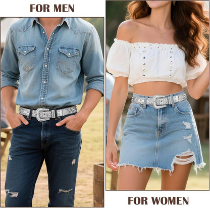 HOTXZQTIVE Cowgirl Bling Studded Leather Belts for Jeans Pants with Rhinestone and Western Silver Buckle, Unisex
