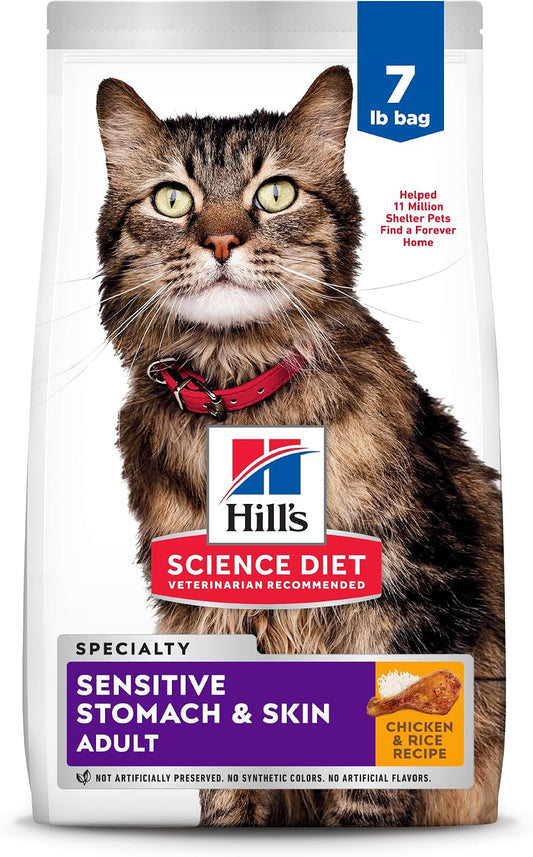 HOTHill's Science Diet Sensitive Stomach & Skin Dry Cat Food | #1 Veterinarian Recommended, Adult Formula, Chicken & Rice, 7 lb. Bag (Updated Formula)