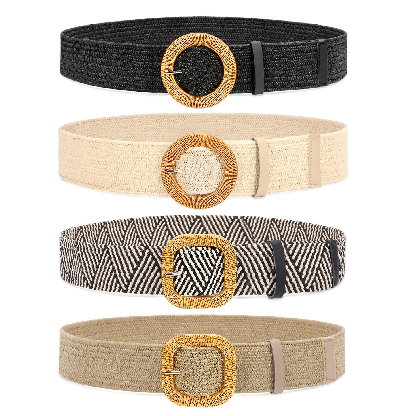 HOTWHIPPY Set of 3/4 Straw Woven Elastic Stretch Waist Belts for Women, Fashion Boho Ladies Braided Skinny Dress Belt