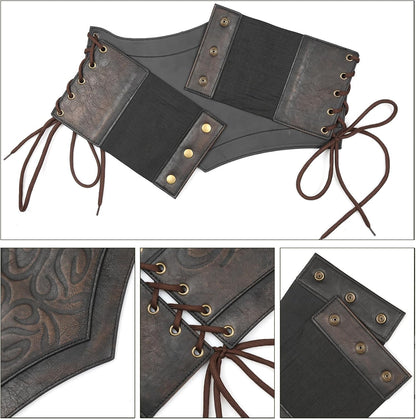 HOTL'VOW Women's Brown PU Leather Viking Renaissance Medieval Wide Cinch Corset Belt Adjustable Lace-Up