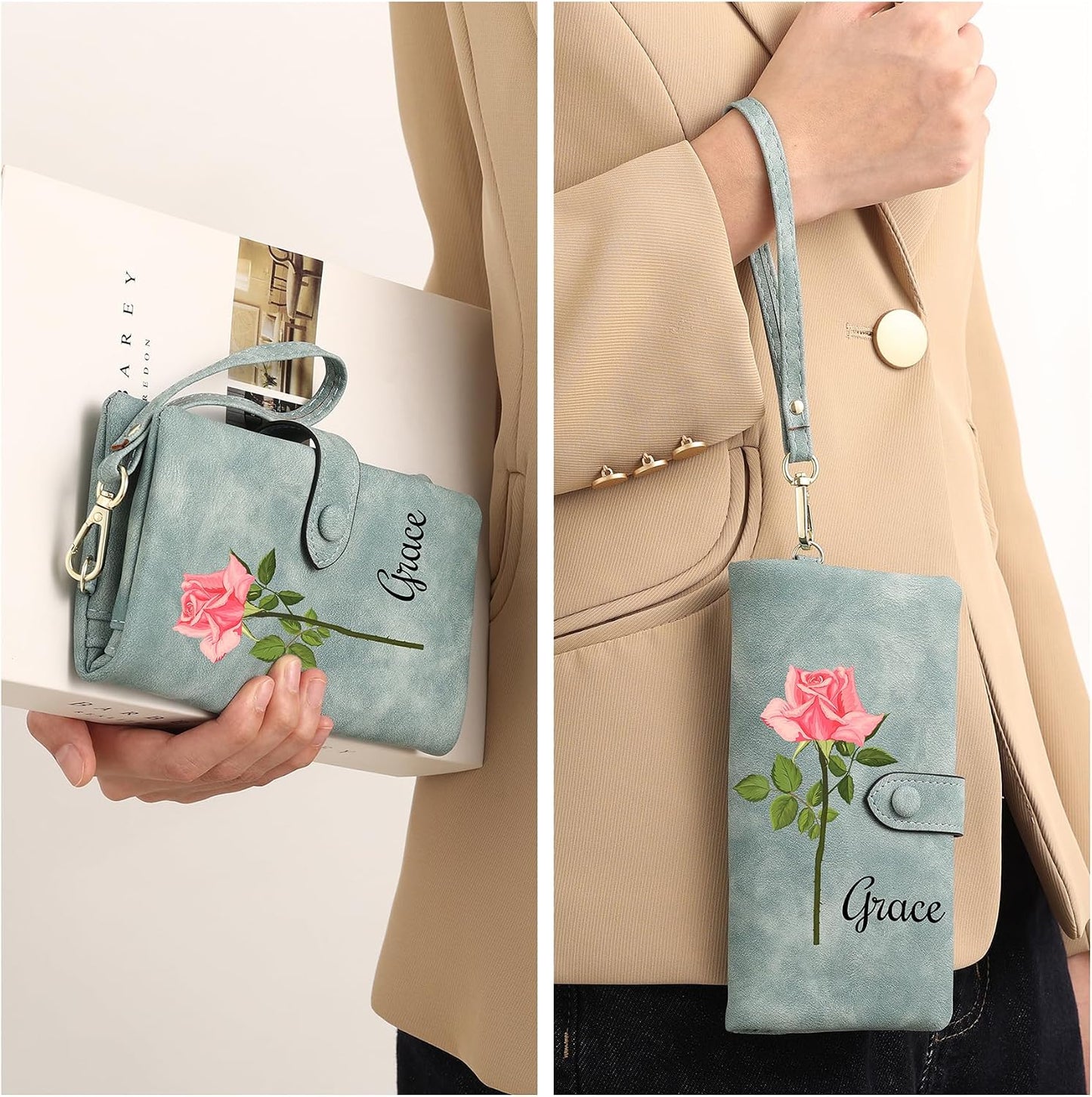 HOTMMXX Personalized Floral Wallet for Women PU Leather Wallet Wristlet with Birth Flower and Name Large Capacity Floral Purse Birthday Gifts for Mom Wife Girlfriend (A1)
