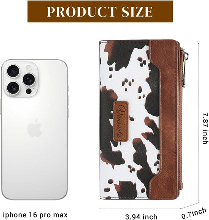 HOTCow Print Wallets for Women Slim Bifold Credit Card Holder - Card Cases Wallet with Smooth Zipper, Coin Pocket & ID Window - Money Organizer Cash Wallet, Signature Brown