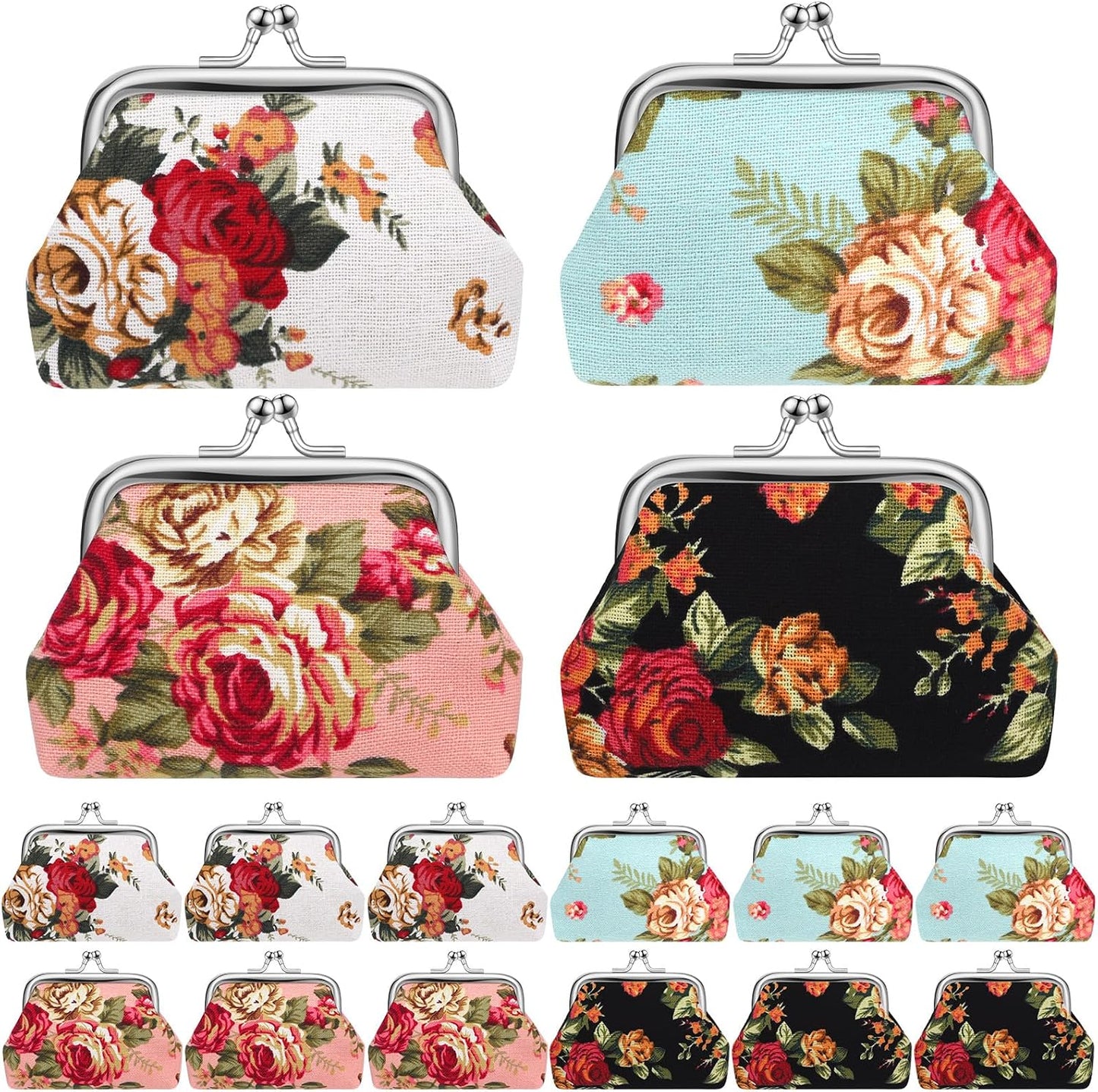 HOT48 Pcs Vintage Canvas Floral Kiss Lock Coin Purses Bulk Rose Flower Change Wallets Gifts for Mother Day Women(4 x 3 Inch)