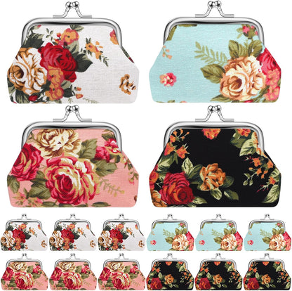 HOT48 Pcs Vintage Canvas Floral Kiss Lock Coin Purses Bulk Rose Flower Change Wallets Gifts for Mother Day Women(4 x 3 Inch)