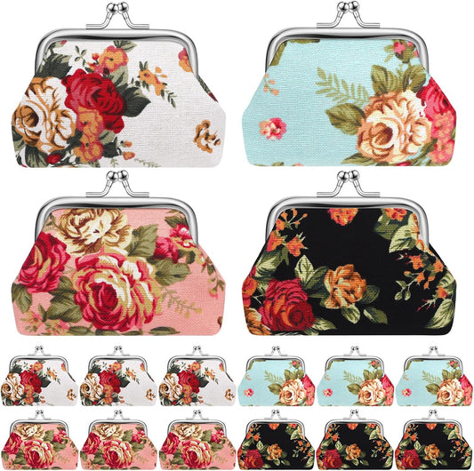 HOT48 Pcs Vintage Canvas Floral Kiss Lock Coin Purses Bulk Rose Flower Change Wallets Gifts for Mother Day Women(4 x 3 Inch)