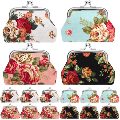 HOT48 Pcs Vintage Canvas Floral Kiss Lock Coin Purses Bulk Rose Flower Change Wallets Gifts for Mother Day Women(4 x 3 Inch)