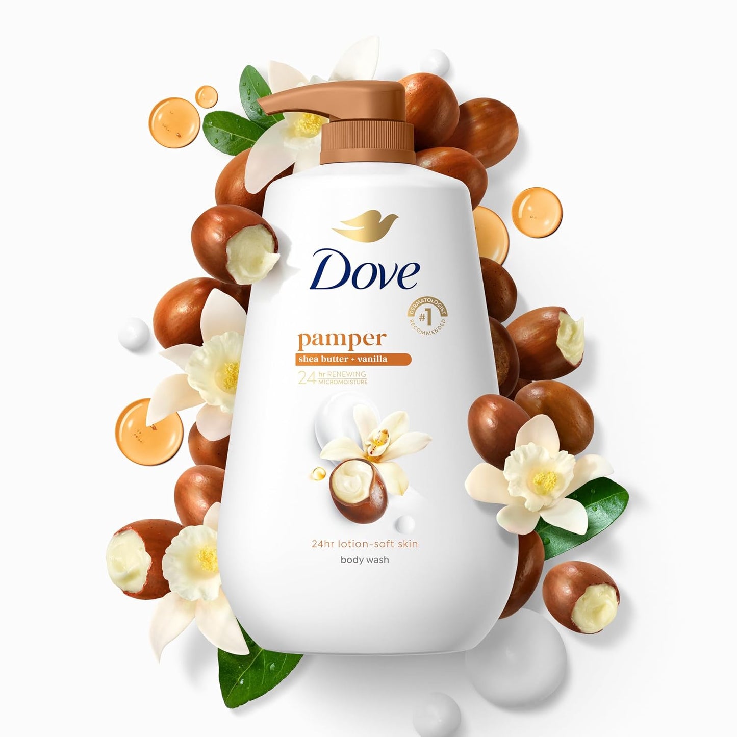 HOTDove 24hr Lotion Body Wash Pamper Shea Butter & Vanilla, 30.6 oz | Moisturizing body wash with MicroMoisture for 24-hour hydration and lotion-soft skin