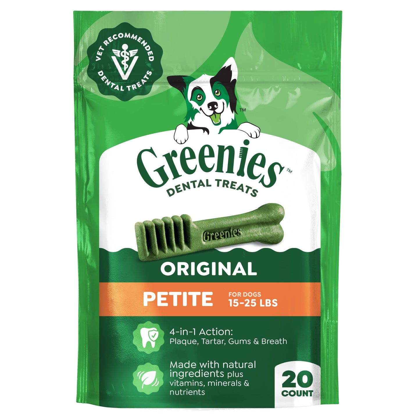 HOTGreenies Petite Natural Dental Dog Treats, Original Flavor, 60 Count | Original Flavor, 47% less tartar, freshens breath, natural ingredients, vitamins & minerals, for dogs 15-25 lbs, 36 oz. Pack