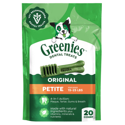 HOTGreenies Petite Natural Dental Dog Treats, Original Flavor, 60 Count | Original Flavor, 47% less tartar, freshens breath, natural ingredients, vitamins & minerals, for dogs 15-25 lbs, 36 oz. Pack