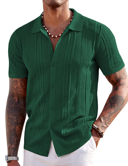 HOTCOOFANDY Men's Knit Shirts Short Sleeve Button Down Polo Shirt Fashion Casual Summer Beach Shirts