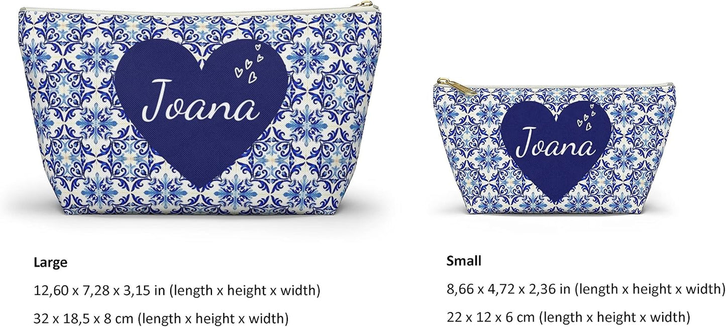 HOTPersonalized Pouches with Zipper, Makeup Cosmetic Case Travel, Pencil Pouch for Women, Portuguese Blue Tile Bag, Portugal Gifts for Mom