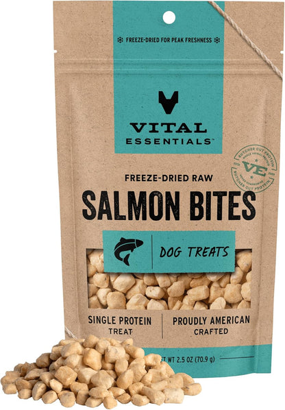 HOTVital Essentials Freeze Dried Dog Treats, Salmon Bites, 2.5 oz Bag | Single Animal Protein, Premium Quality, Grain-Free Training Treats, USA Made with U.S. & Globally Sourced Ingredients