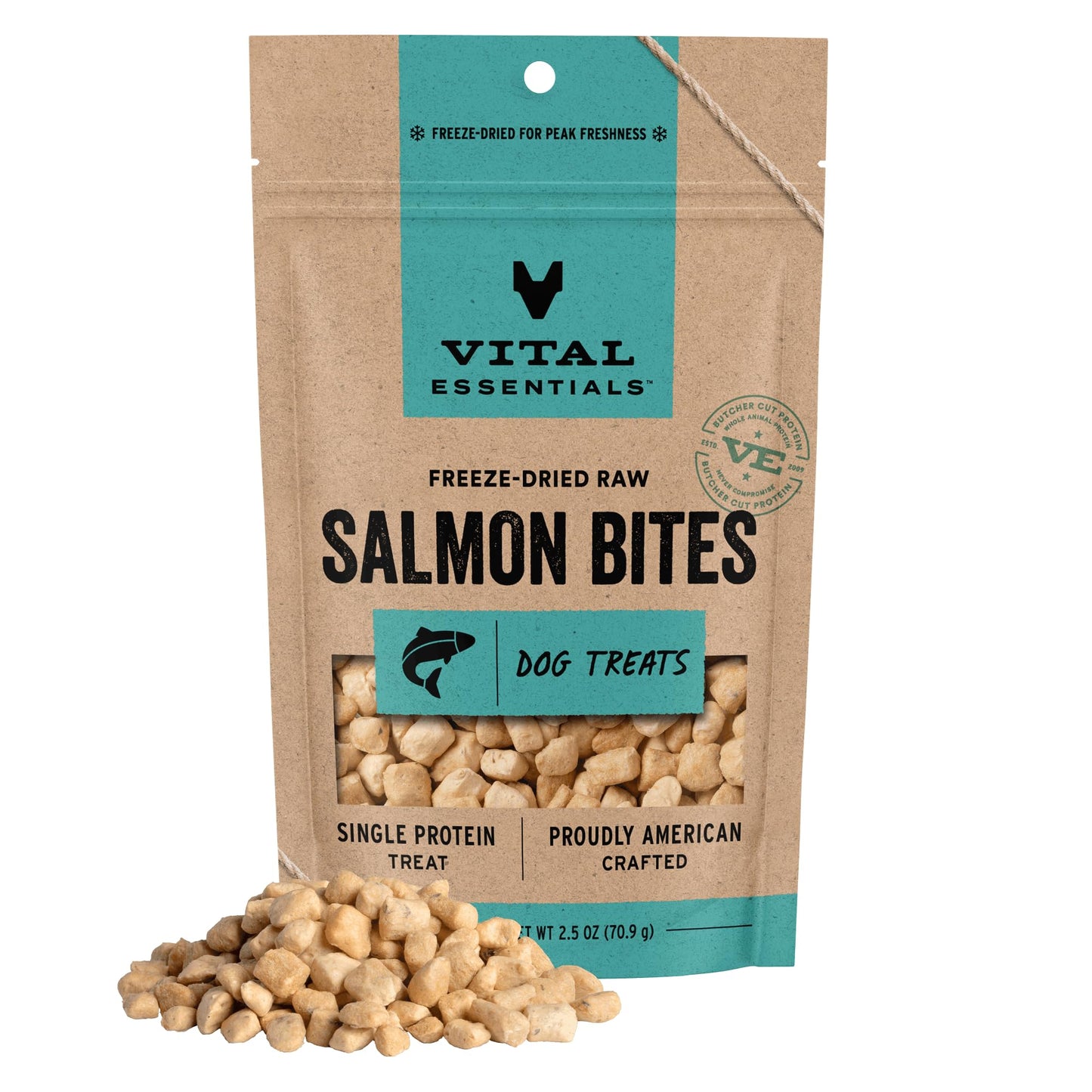 HOTVital Essentials Freeze Dried Dog Treats, Salmon Bites, 2.5 oz Bag | Single Animal Protein, Premium Quality, Grain-Free Training Treats, USA Made with U.S. & Globally Sourced Ingredients